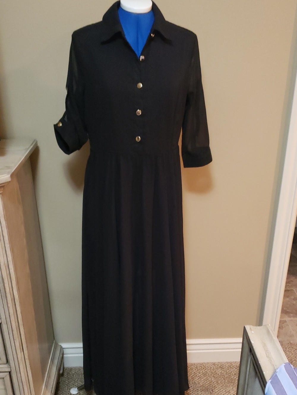 Long Black Maxi Shirt Dress with Gold Buttons